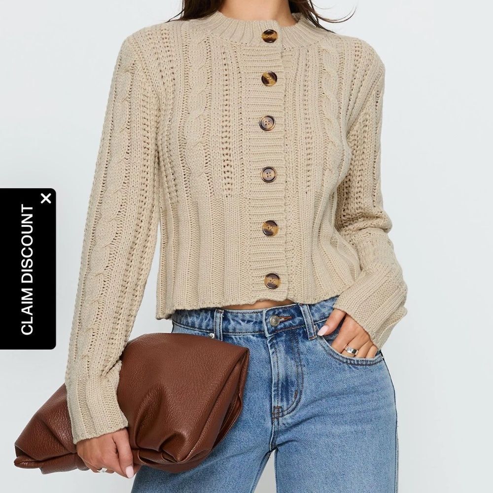 Princess Polly Donielle Cable Knit Cardigan Beige - Picture 2 of 6